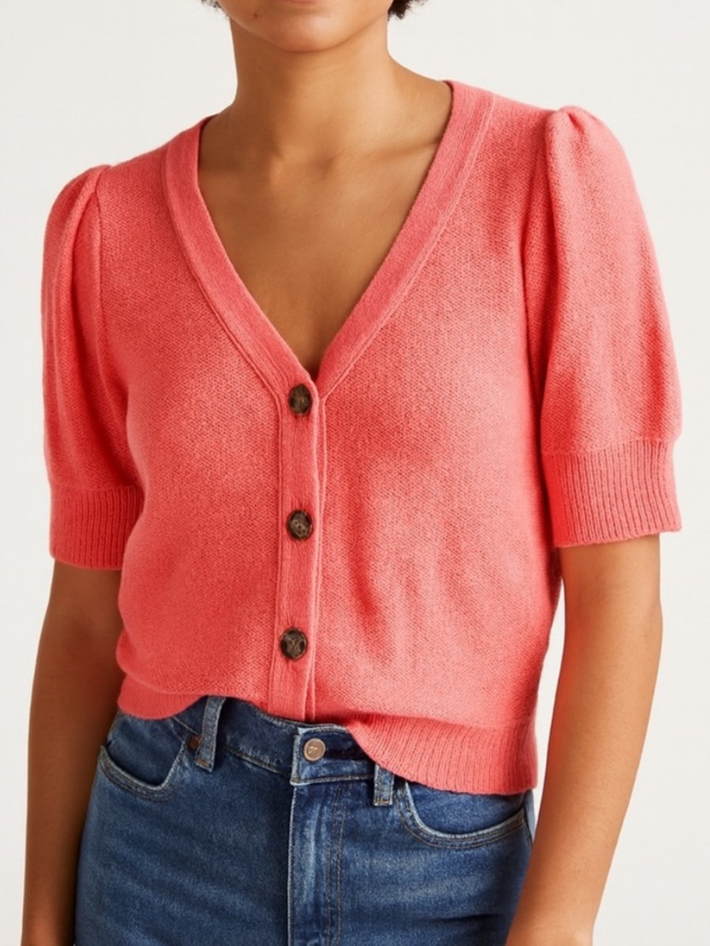 Madewell cotton short puff sleeve v neck pink cardigan sz m